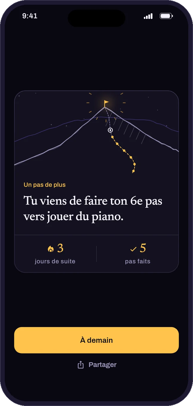 La célébration GoDream : « Tu viens de faire ton 6e pas vers jouer du piano », 3 jours de suite, 5 pas faits.